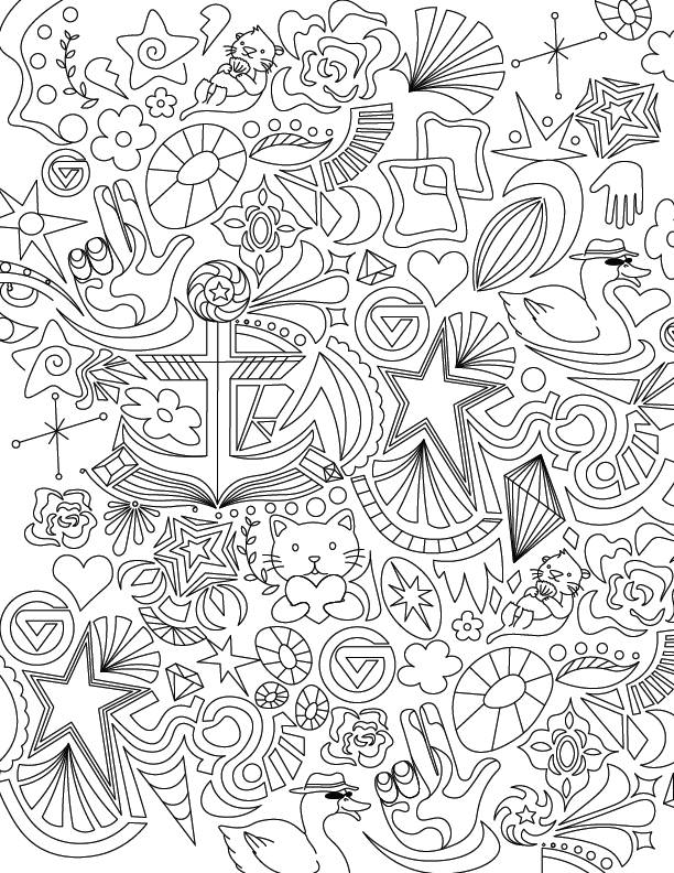 A Grand Valley coloring page featuring many abstract designs.